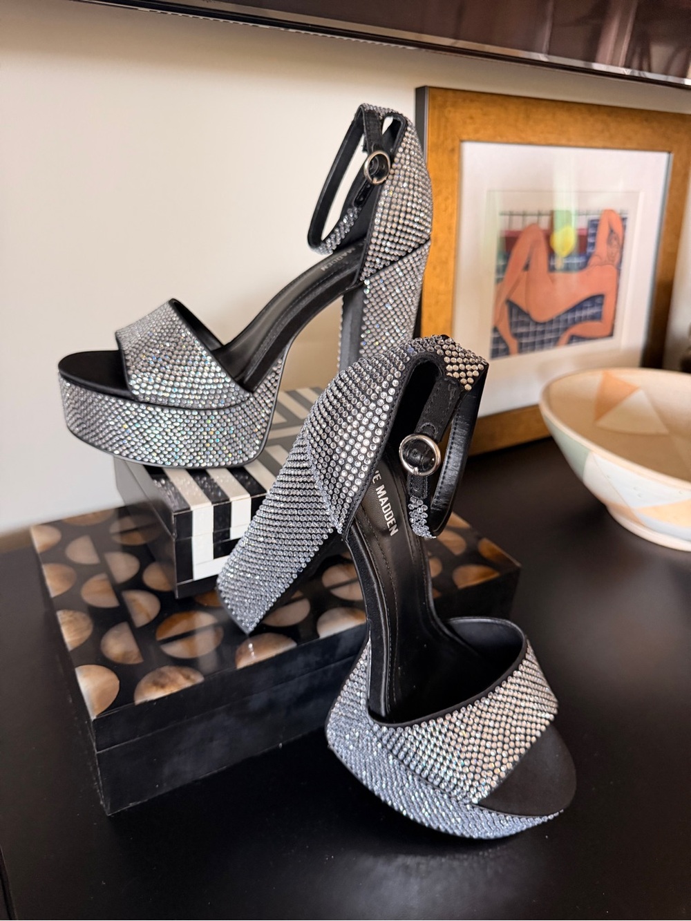 Brand New Steve Madden Crystal-Embellished Black Platform Heels
